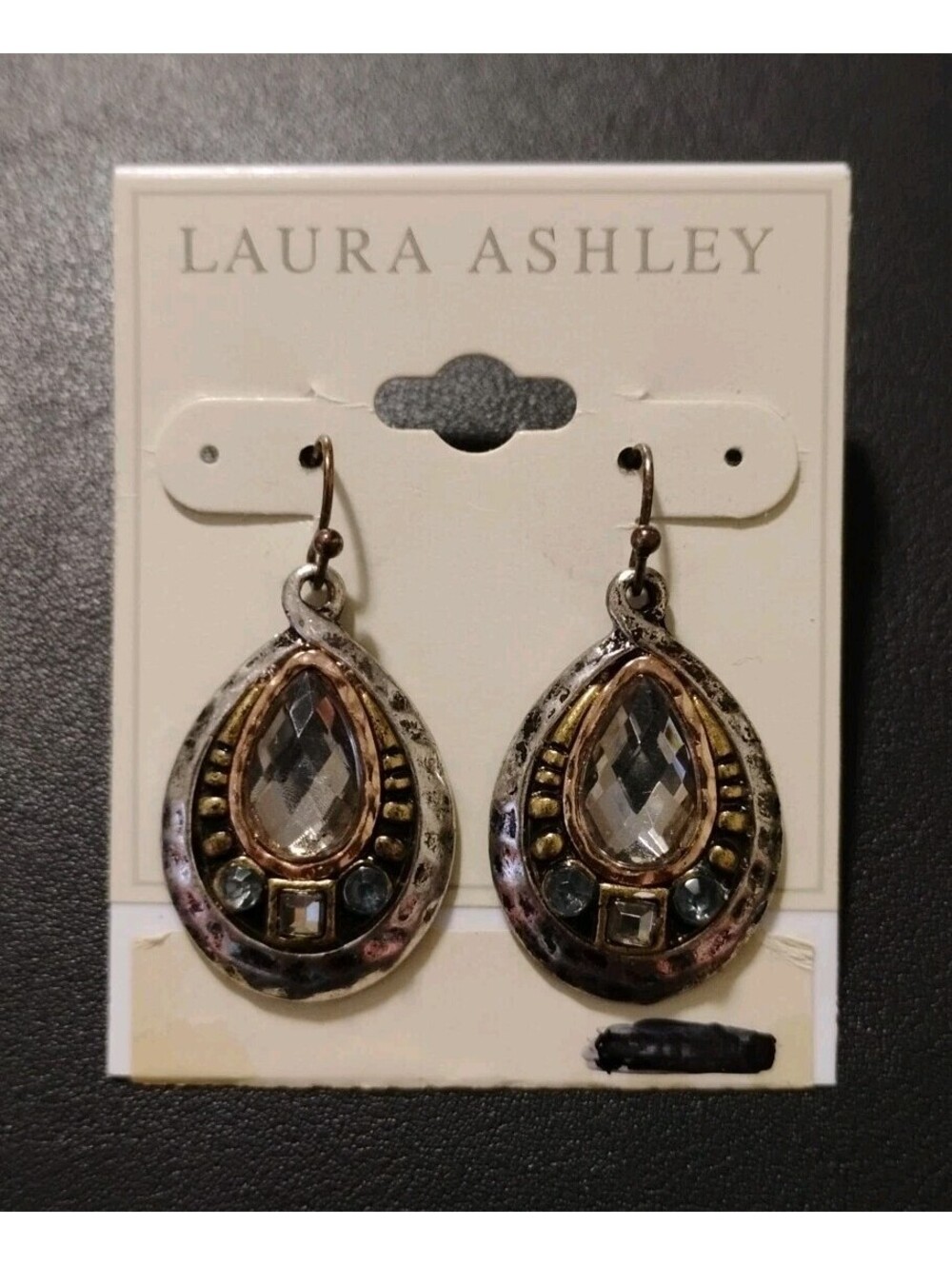 VTG Laura Ashley Silvertone Dangle Earrings Rhinestone Egyptian Revival Made USA